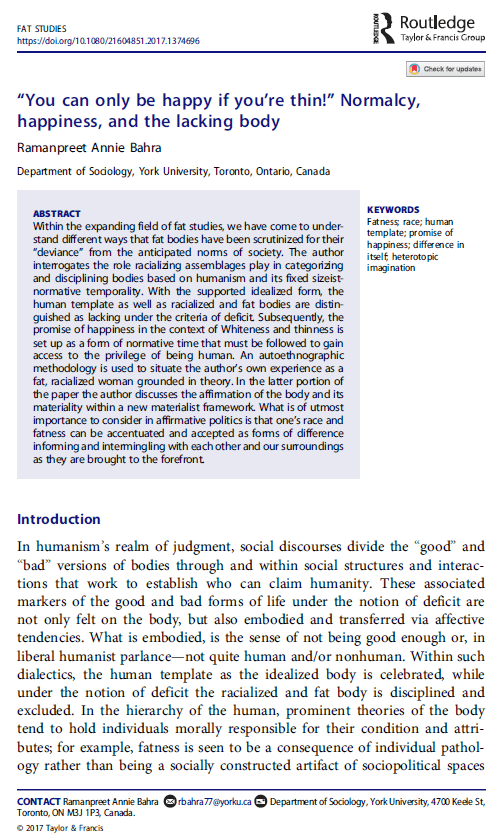 This is the first page of an article I wrote for the special issue on fatness and temporality in the Fat Studies Journal. 
