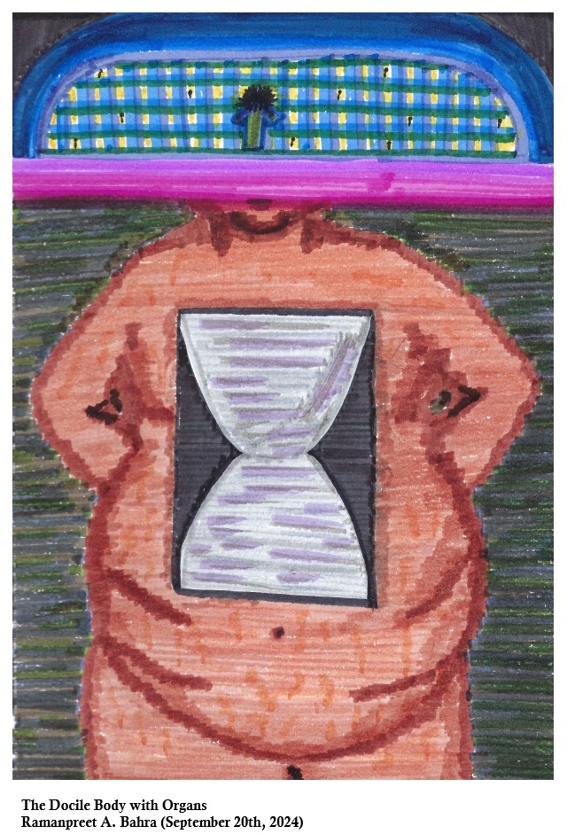 This is an image exemplifying Foucault's docile body and panopticon, along with a play on Deleuze and Guattari's body withg organs. The image has a fat body [mix of tans for skin colour], in the center of the body, there is a black and white hourglass. There is no head to the body; instead, there is a grid with a guard tower in the center, acting as a metaphor for the panopticon.