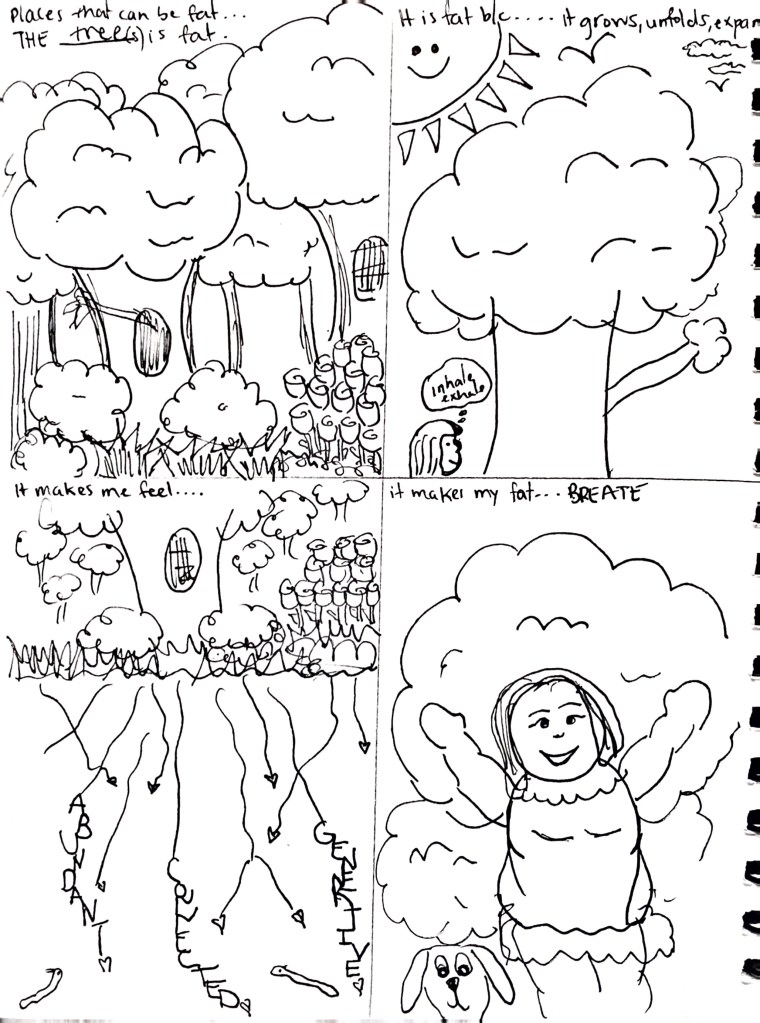 a black and white drawing of a comic with 4 panels. There are trees, soil, and a fat person drawn out in nature.