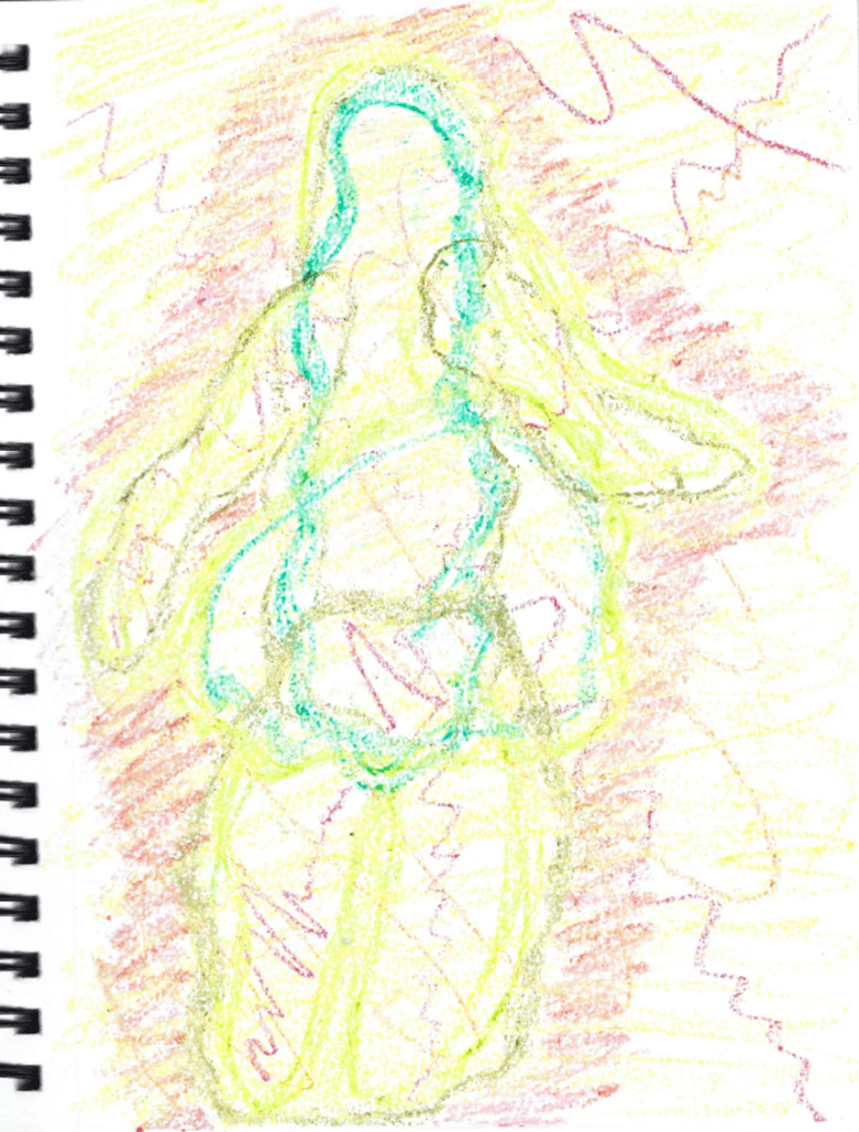 This is a watercolour pencil drawing of a moving body with different shapes embedded and shifting outside the body. This is to exemplify my understanding of rhizomes, and the body as an assemblage